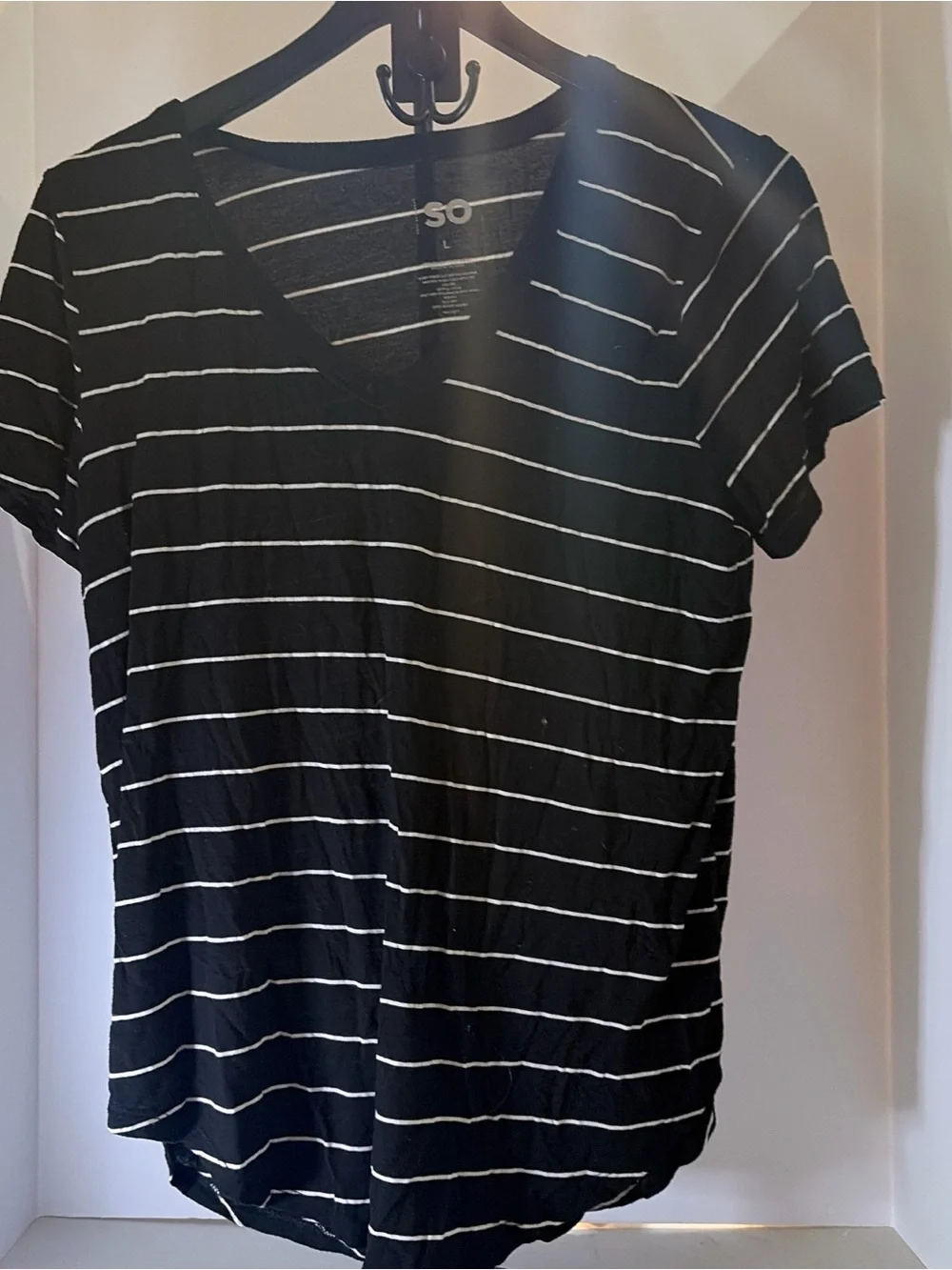 SO Black Striped V-Neck Tee with White Accents - Picture 1 of 3